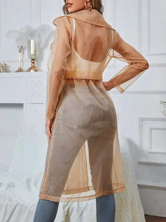Apricot Casual Women's Sheer Mesh Long Transparent Tie-Front Windbreaker - Picture 2 of 5